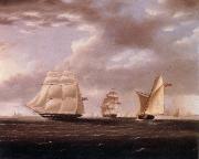 Thomas Buttersworth Two British frigates and a yawl passing off a coast painting